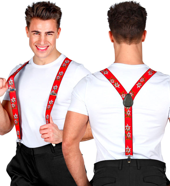 Tiroler Edelweiss bretels rood voor- en achterkant met Y-rug en zwart middenstuk