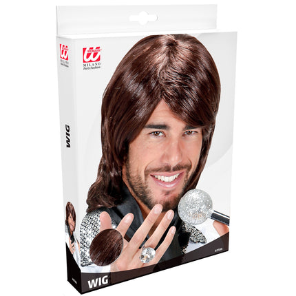 Verpakking van de donkerbruine Benny Anders popster pruik van Widmann met haarstaal