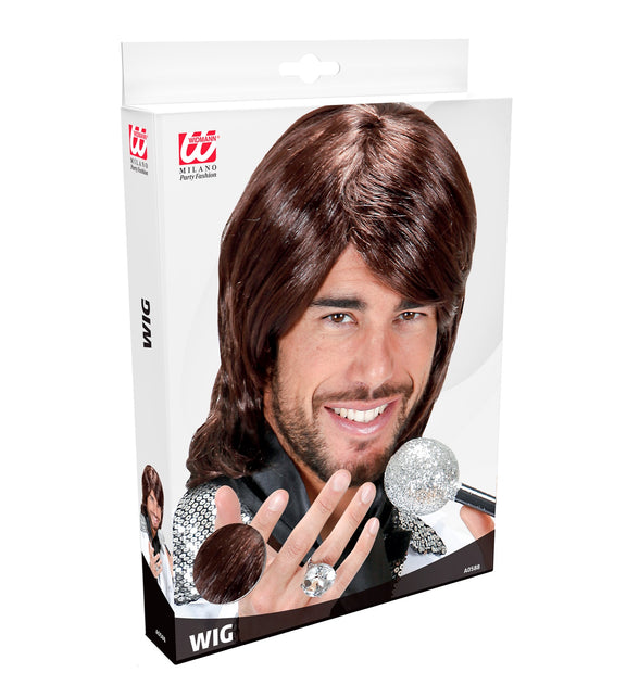 Verpakking van de donkerbruine Benny Anders popster pruik van Widmann met haarstaal