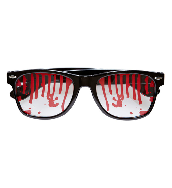 Bril met bloeddruppels met zwart montuur en rode druipers over de heldere glazen