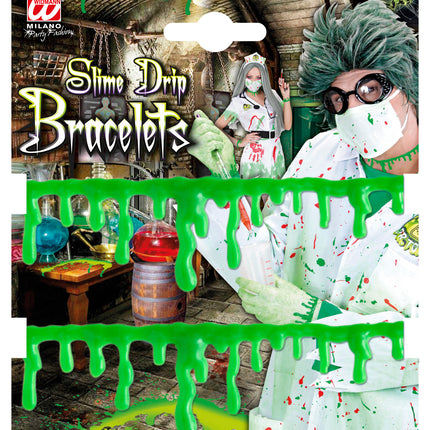 Verpakkingskaart met twee gifgroene slijmarmbanden voor Halloween