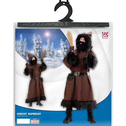 Knecht Ruprecht kostuum compleet, kerstman helper kasack met kap en riem