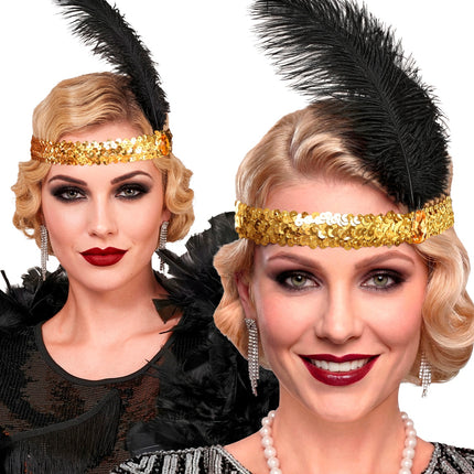 Haarband roaring jaren 20 pailletten met 2 veren en edelsteen goud voor dames achterkant – verkleedkleding