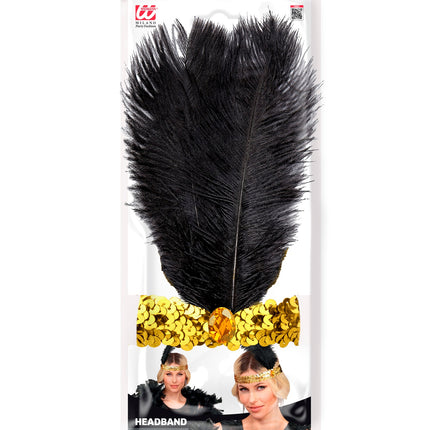 Haarband roaring jaren 20 pailletten met 2 veren en edelsteen goud voor dames zijaanzicht – verkleedkleding