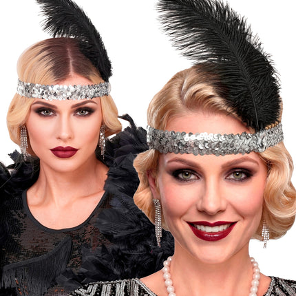Haarband roaring jaren 20 pailletten met 2 veren en edelsteen zilver voor dames achterkant – verkleedkleding