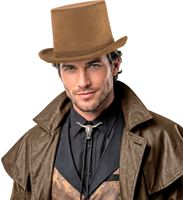Hoge hoed vintage suede bruin totaalbeeld – hoeden