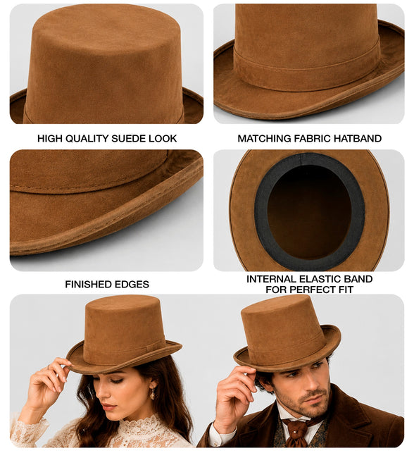 Hoge hoed vintage suede bruin productfoto – hoeden