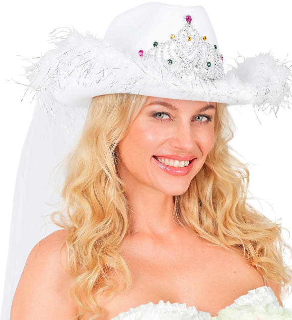 Hoed vrijgezellen party bruids met tiara marabou en sluier voor dames detailopname – hoeden