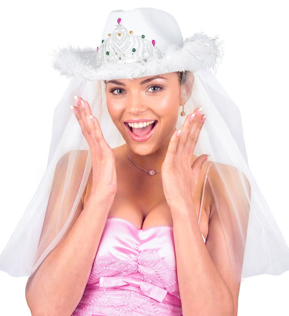 Hoed vrijgezellen party bruids met tiara marabou en sluier voor dames sfeerbeeld – hoeden