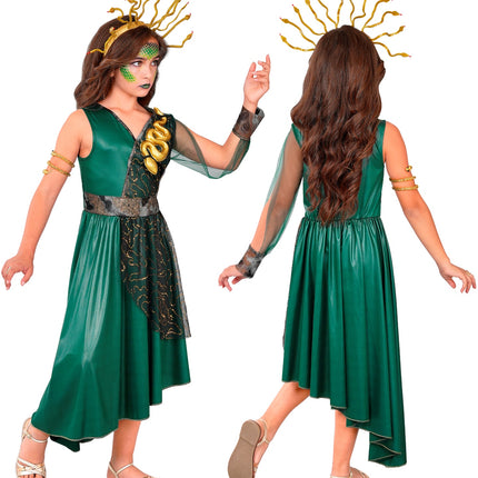 Medusa jurk meisjes achterkant met asymmetrische groene zoom en groene sluiermouw