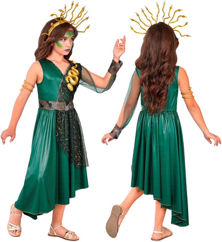 Medusa jurk meisjes achterkant met asymmetrische groene zoom en groene sluiermouw