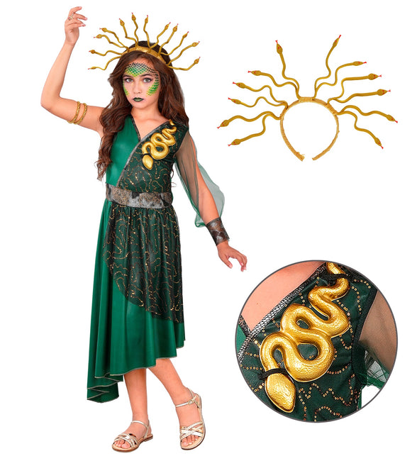 Medusa jurk meisjes met losse gouden haarband met slangen en detail van de gouden schouderslang