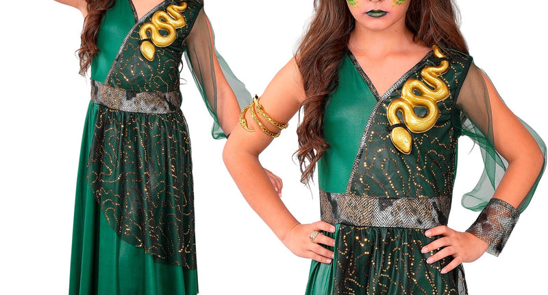 Medusa jurk meisjes groen met gouden slang op de schouder en haarband met slangen, voor Halloween