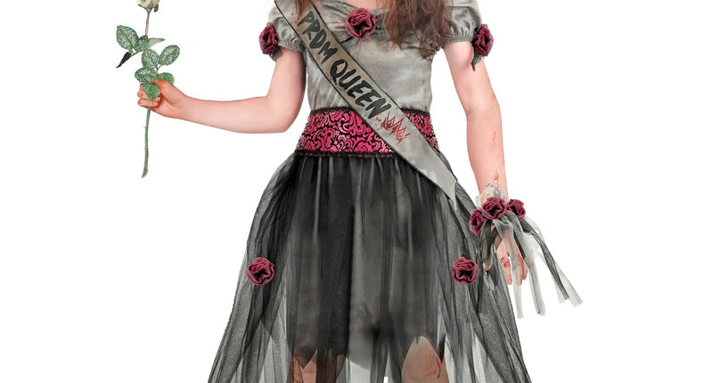 Zombie gala koningin jurk meisjes in grijs met zwarte tule, roosjes en sjerp voor Halloween
