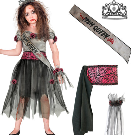 Zombie gala koningin jurk met losse onderdelen: sjerp PROM QUEEN, tiara, roze riem en armcorsage