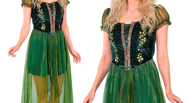 Woud koningin jurk dames in groen met fluweelachtig veterlijfje en tulen rok voor een sprookjesfeest