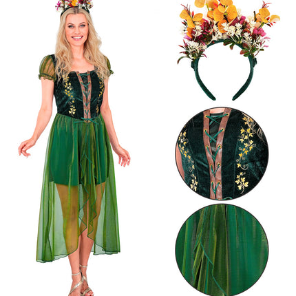 Woud koningin jurk met detail van bladprint, veterpaneel en groene haarband met bloemen