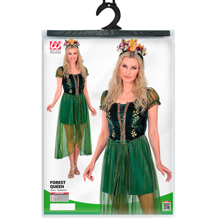 Woud koningin jurk dames in verpakking met maattabel XS tot XL en hoofddeksel