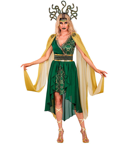 Medusa jurk dames in donkergroen met slangenprint, gouden sierband en cape voor Halloween