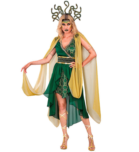 Medusa jurk dames met asymmetrische zoom en losvallende goudkleurige cape-panden