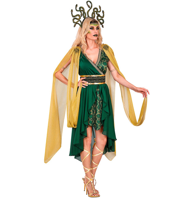 Medusa verkleedjurk dames met V-hals, slangenprint op lijfje en Griekse sierband