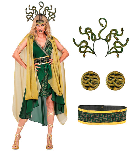 Medusa kostuum dames met jurk, gouden riem, twee slangenpinnen en slangenhoofdband