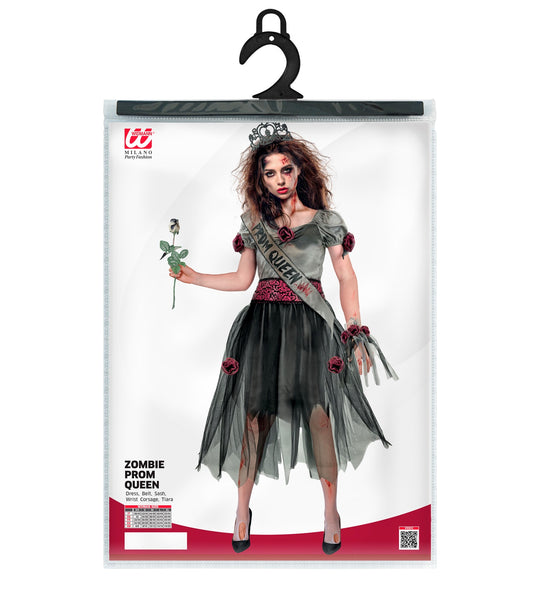 Zombie gala koningin jurk dames in verpakking met jurk, riem, sjerp, pols-corsage en tiara