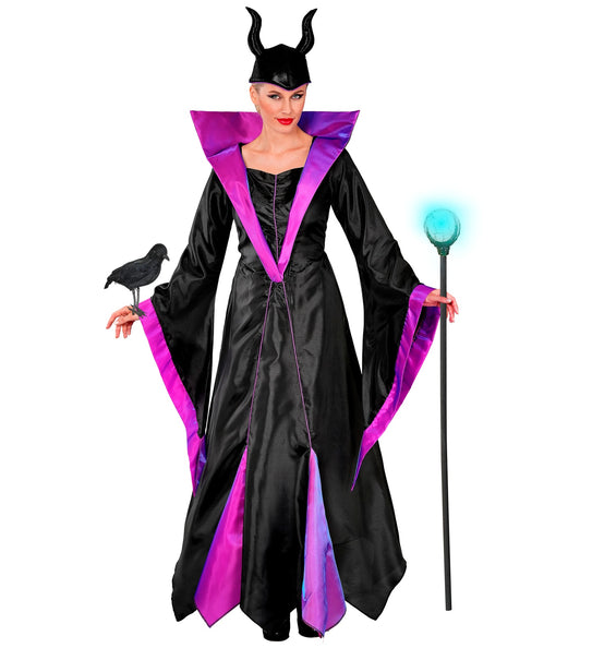 Malefica jurk dames vooraanzicht met wijde klokmouwen en fuchsia inzetten in de rok