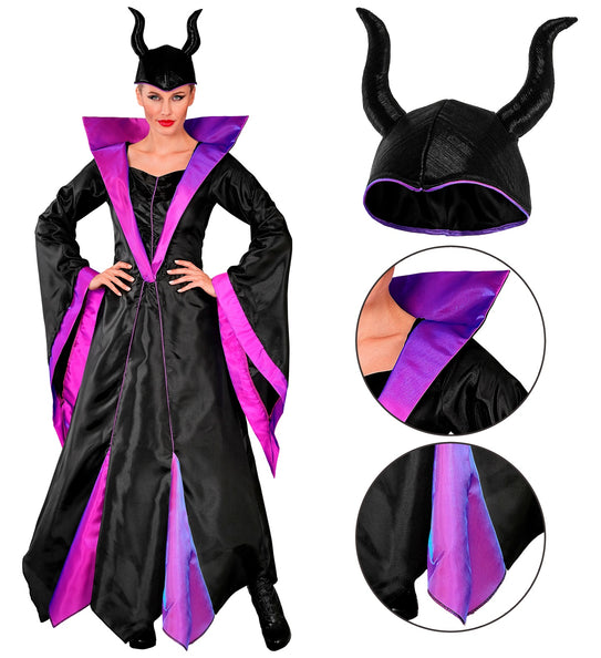 Malefica jurk dames met detail van het zwarte hoorntjeskapje en de paarse kraagpunt