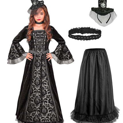 Donkere gravin jurk set met hoepelpetticoat, kanten choker en mini hoedje met sluier