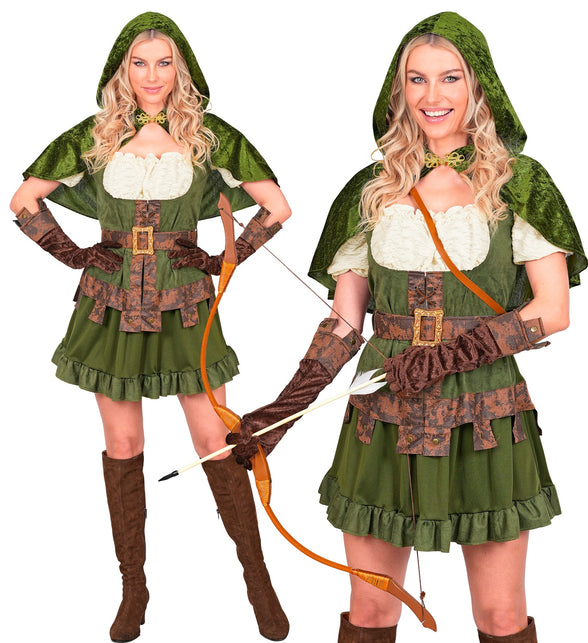 Robin van Sherwood jurk dames in bosgroen met velours capelet, bruine riem en lange handschoenen