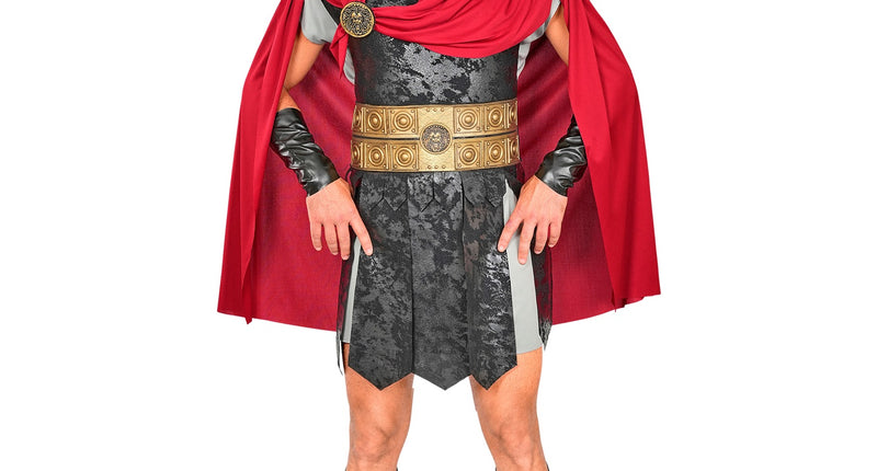 Romeins centurion tuniek heren in grijs met rode cape, gouden gordel en zwarte beenbanden