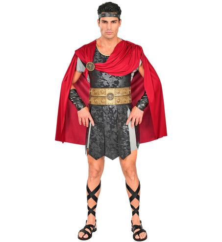 Romeins centurion tuniek heren in grijs met rode cape, gouden gordel en zwarte beenbanden