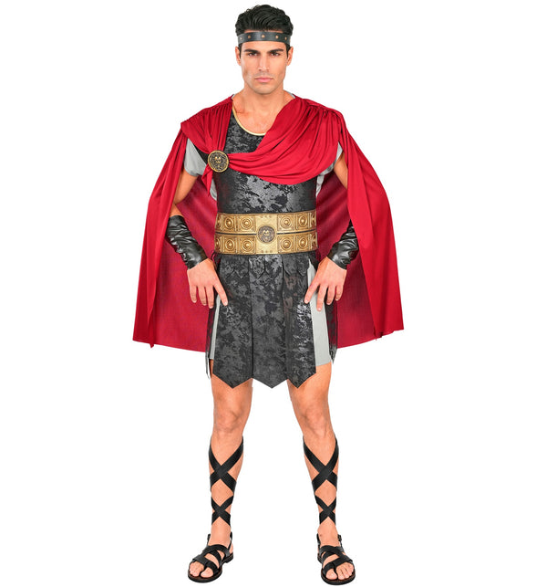Romeins centurion tuniek heren in grijs met rode cape, gouden gordel en zwarte beenbanden