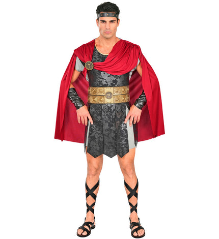 Romeins centurion tuniek heren in grijs met rode cape, gouden gordel en zwarte beenbanden