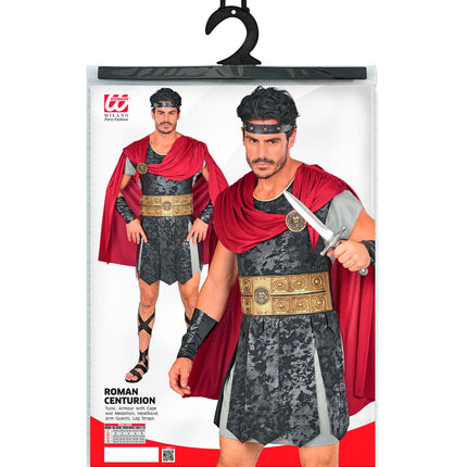 Romeins centurion kostuum heren op de verpakking met maattabel S tot XXL