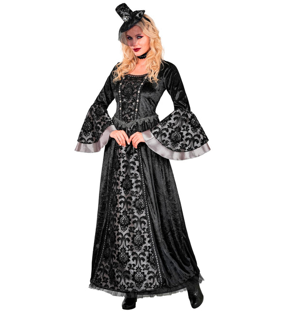 Donkere gravin jurk dames in zwart velours met grijze barokprint en mini hoedje met sluier, voor Halloween