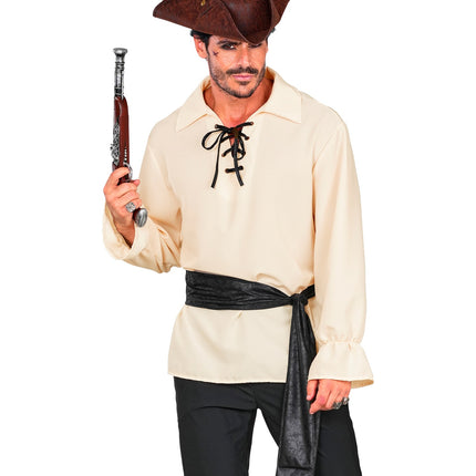 Piratenshirt heren in ecru met zwarte rijgveters en zwarte sjerp om de taille