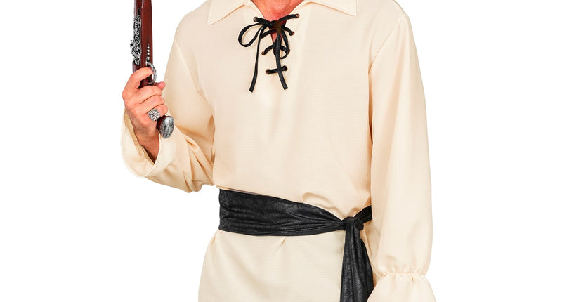 Piratenshirt heren in ecru met zwarte rijgveters en zwarte sjerp om de taille