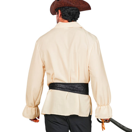 Achterkant piratenshirt heren, effen ecru rug met sjerp om het middel