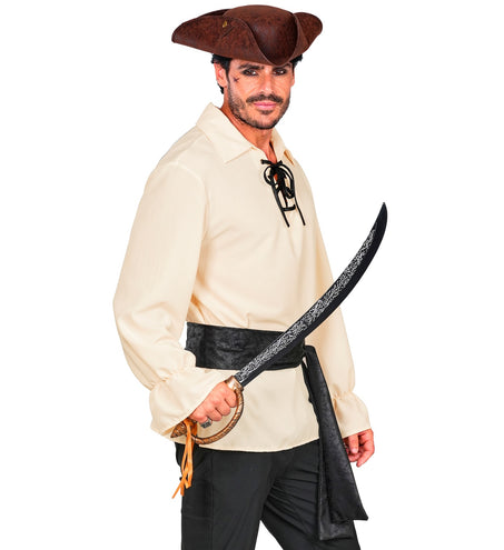 Piratenshirt heren van zijkant, brede kraag en geplooide manchetten zichtbaar
