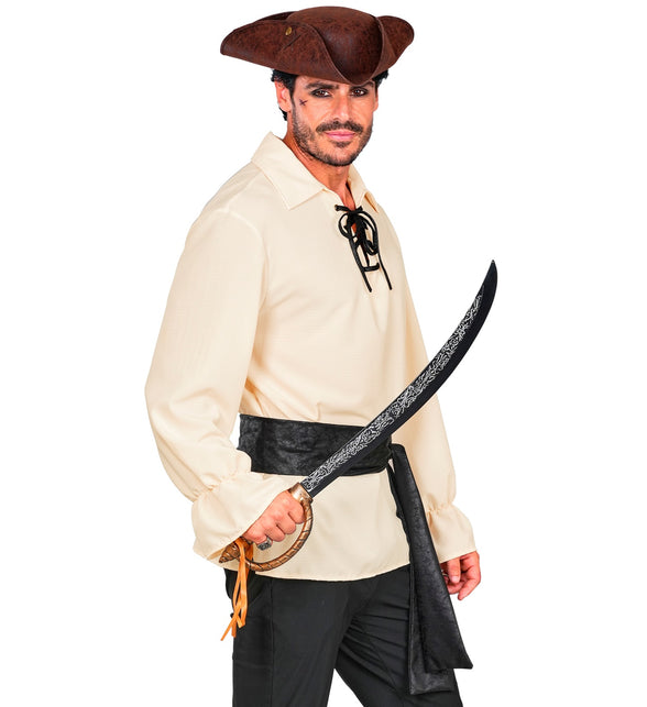 Piratenshirt heren van zijkant, brede kraag en geplooide manchetten zichtbaar