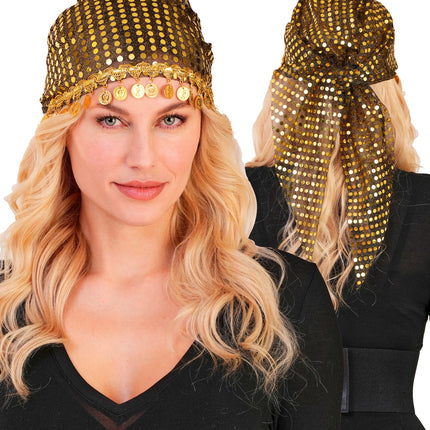 Multifunctioneel pailletten en munten accessoire voor dames achterkant – hoeden