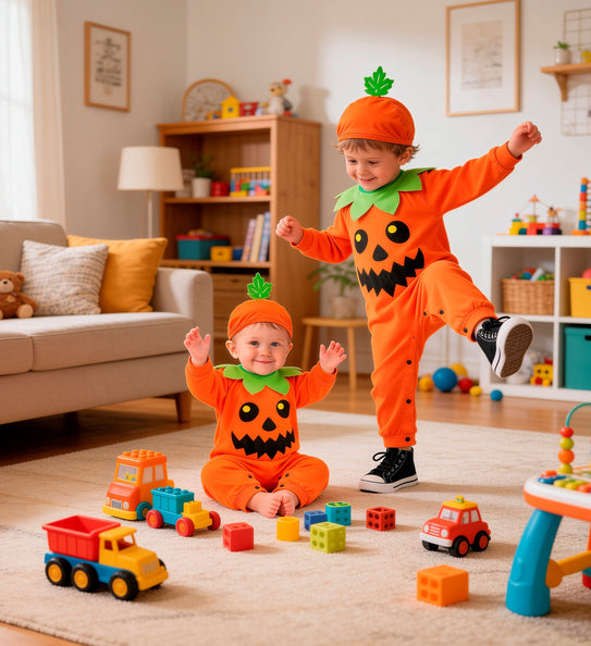 Twee kinderen in oranje pompoen jumpsuit met pompoenmuts spelend tijdens een Halloweenfeestje