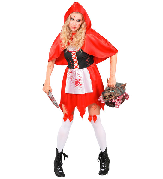 Zombie rode capelet jurk dames met bloedspatten, capuchon en witte kousen voor Halloween