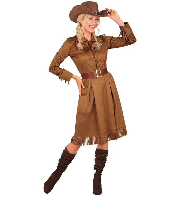 Western girl jurk dames in bruin met franjes aan zoom en manchetten en bruine riem