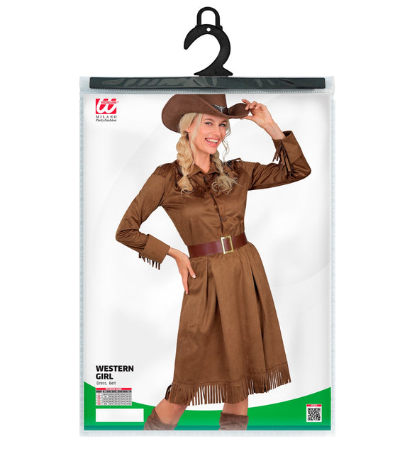 Verpakking van de western girl jurk dames met jurk en riem, maten XS tot XL