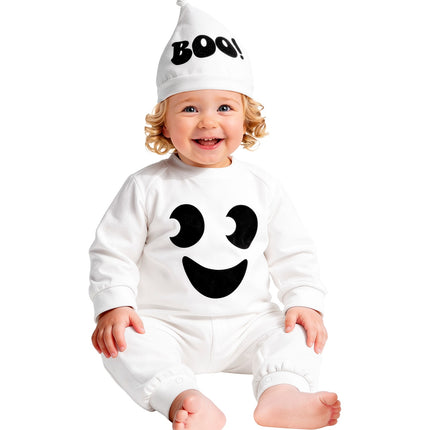 Spook jumpsuit kinderen met kapje zijaanzicht – verkleedkleding