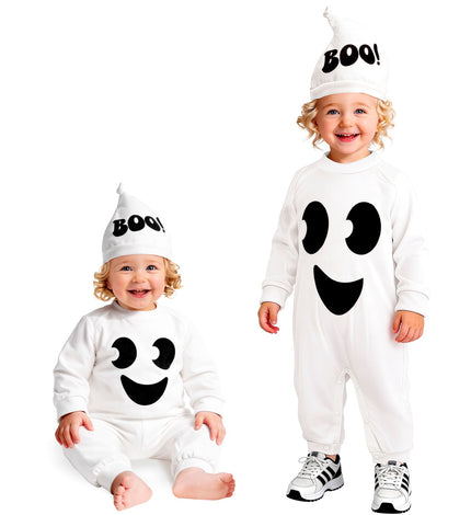 Spook jumpsuit kinderen met kapje vooraanzicht – Halloweenkostuum