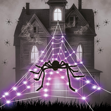 Led spinnenweb 5 meter met violette lampjes en grote zwarte spin tegen spookhuis, Halloween decoratie